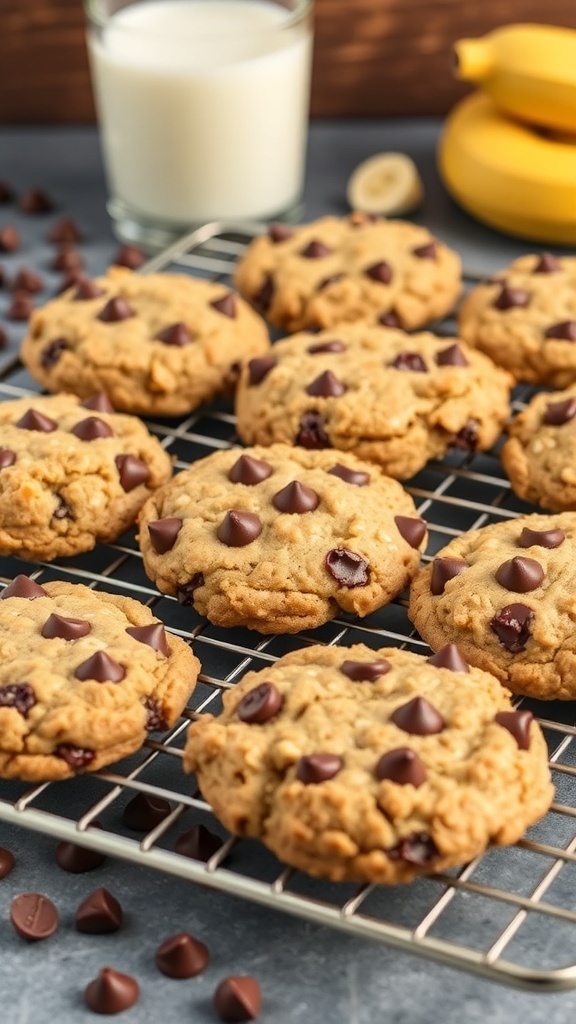 Freshly baked banana oatmeal chocolate chip cookies on a cooling rack with a glass of milk and bananas in the background.