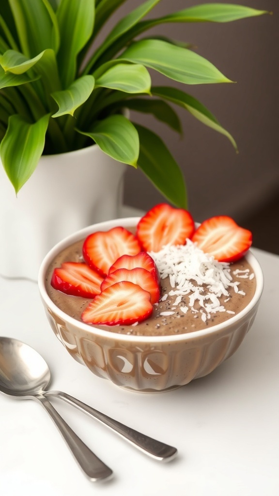 A bowl of rich chocolate chia seed pudding topped with sliced strawberries and shredded coconut, with a green plant in the background.