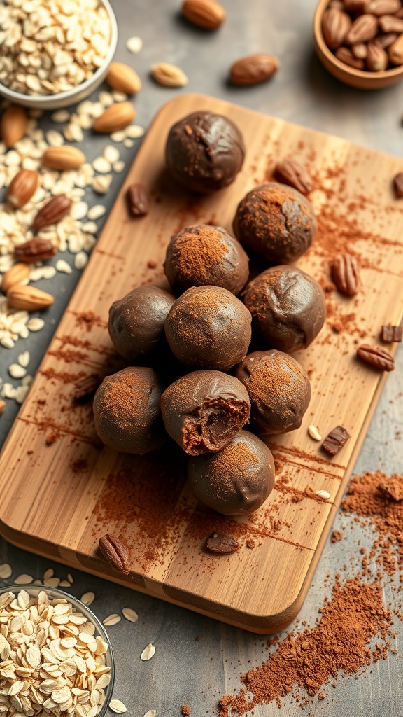 Rich Chocolate Energy Bites on a wooden board surrounded by oats and nuts.