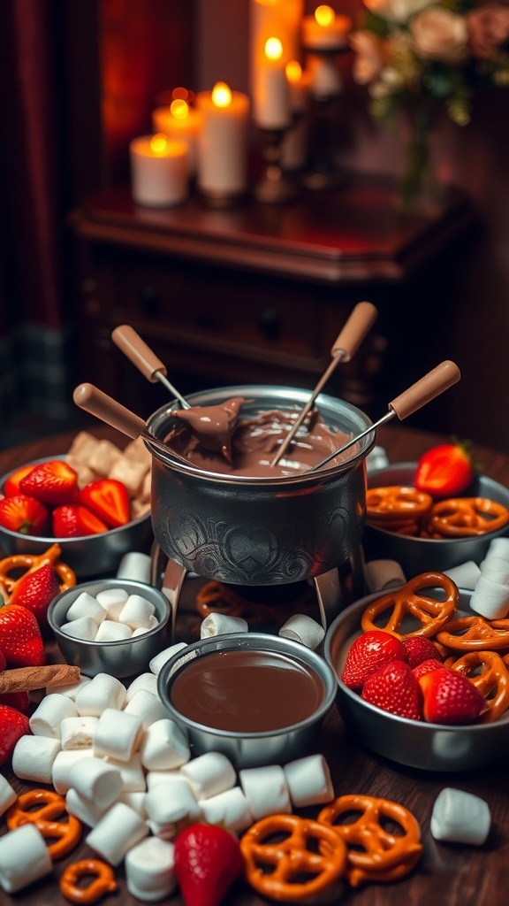 A romantic chocolate fondue setup with strawberries, marshmallows, pretzels, and candles.
