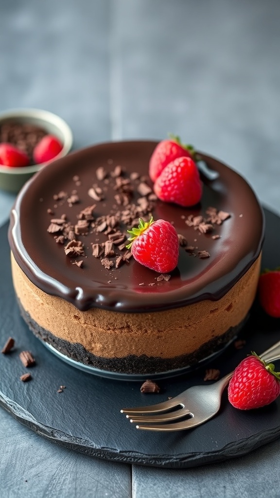 A rich chocolate keto cheesecake topped with chocolate ganache and fresh raspberries.
