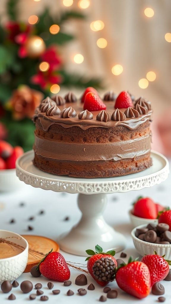 A rich chocolate protein cake decorated with chocolate frosting and fresh strawberries, surrounded by chocolate chips.