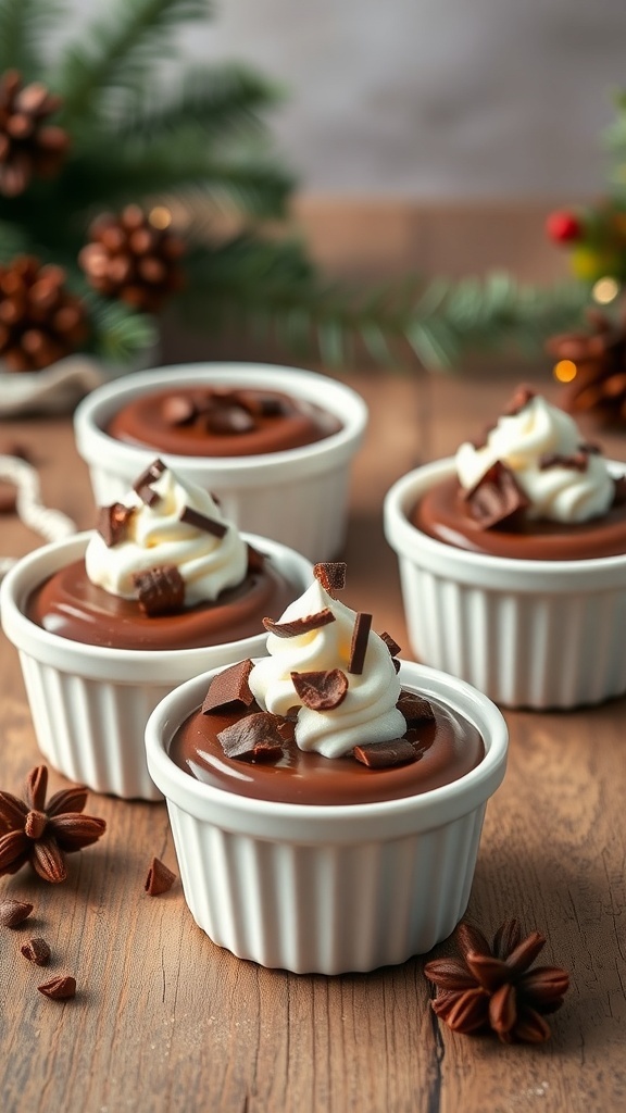 Rich chocolate pudding in ramekins topped with whipped cream and chocolate shavings, set against a festive background.
