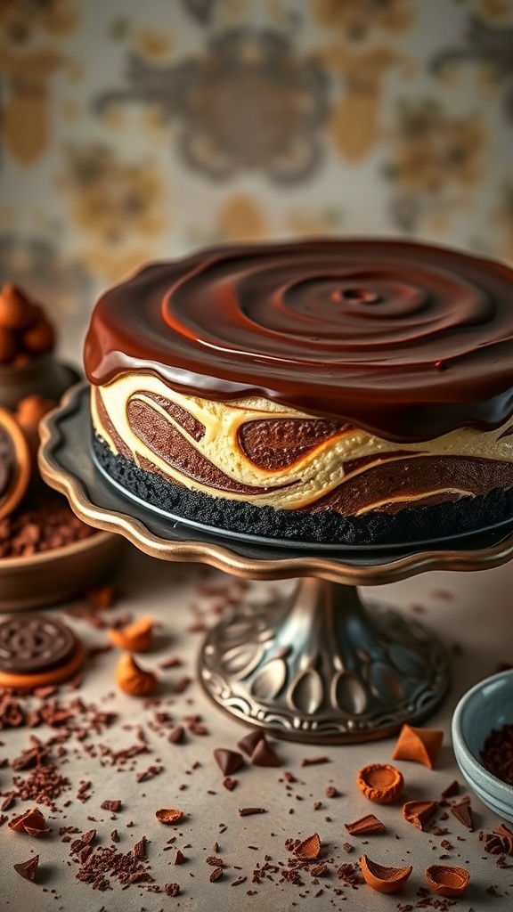 A rich chocolate swirl cheesecake on a decorative stand, surrounded by chocolate pieces and crumbs.