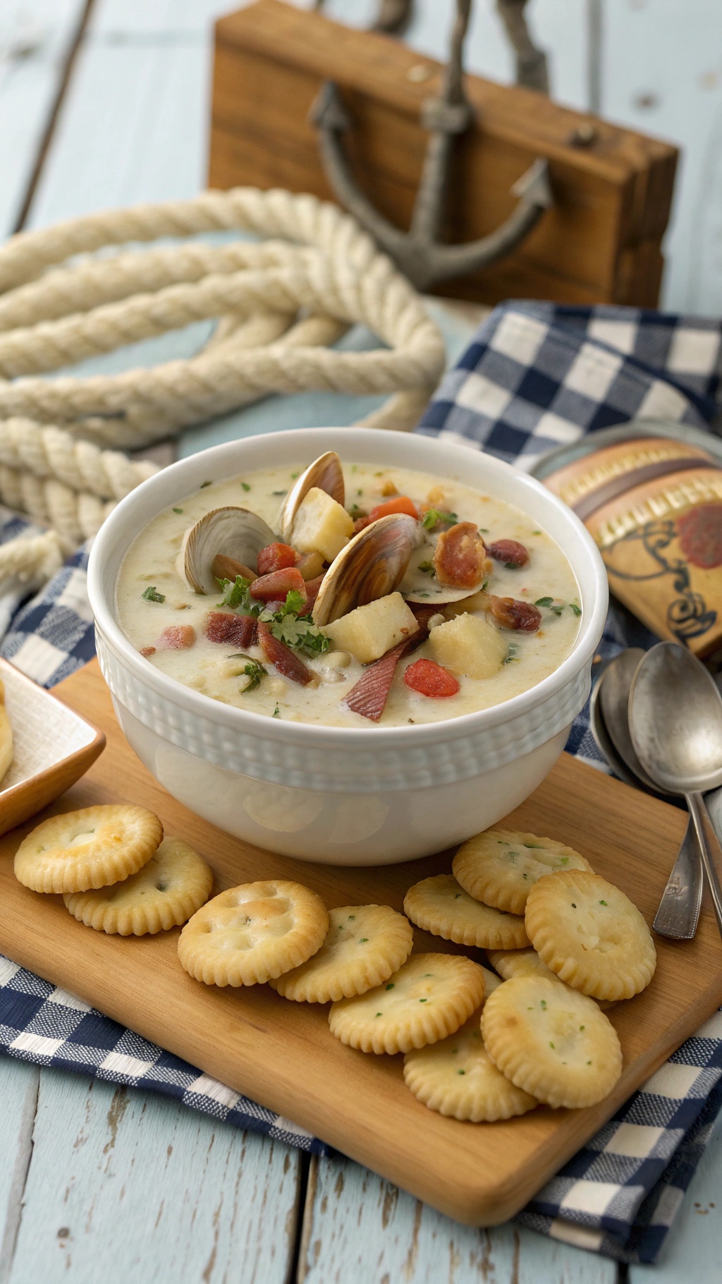 A bowl of rich clam chowder with clams, bacon, and potatoes, served with crackers on a wooden board.