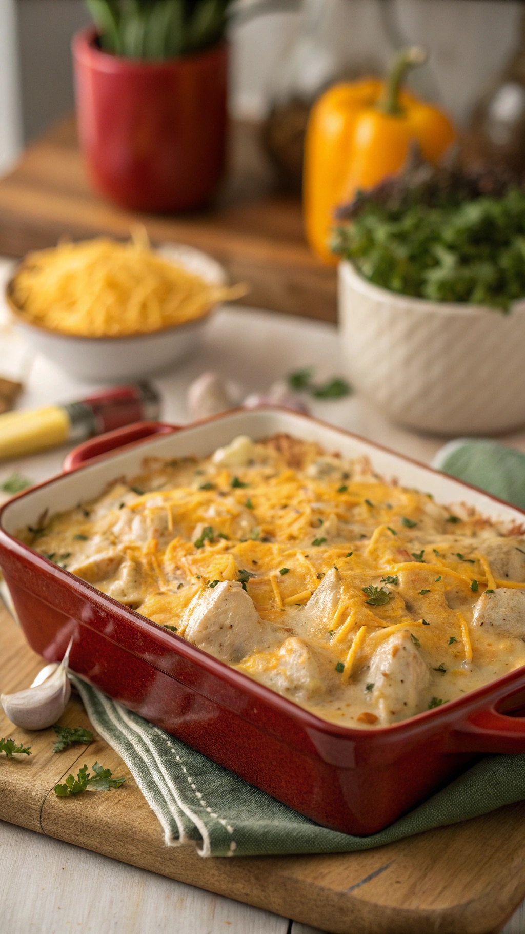 A rich cream cheese chicken casserole topped with melted cheese and fresh herbs in a red baking dish.