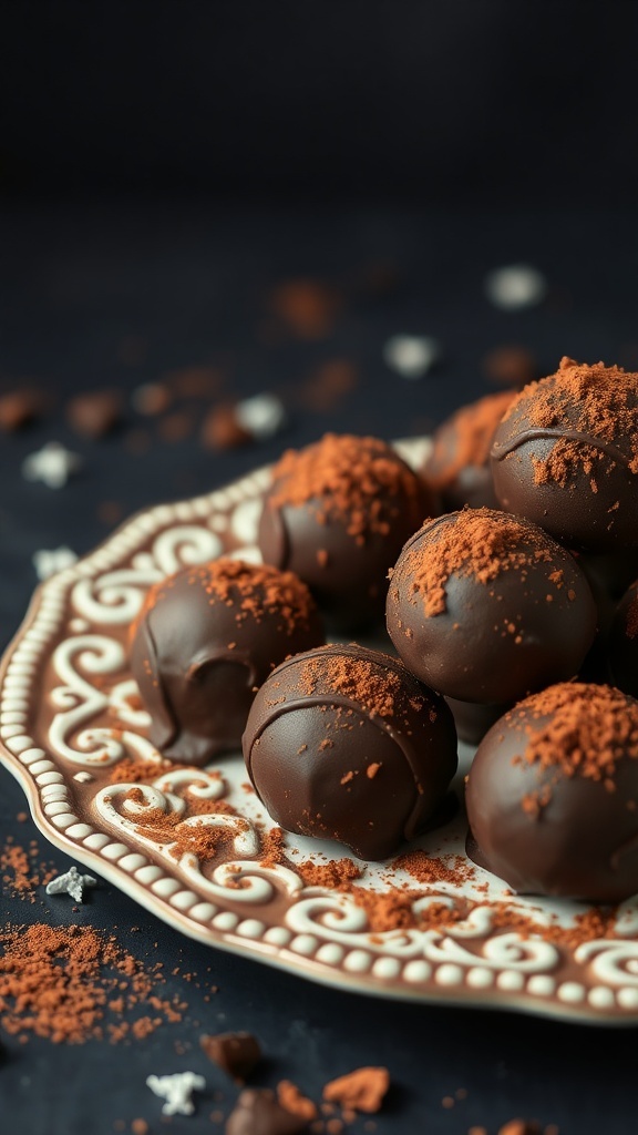 A plate of rich dark chocolate coconut truffles dusted with cocoa powder.