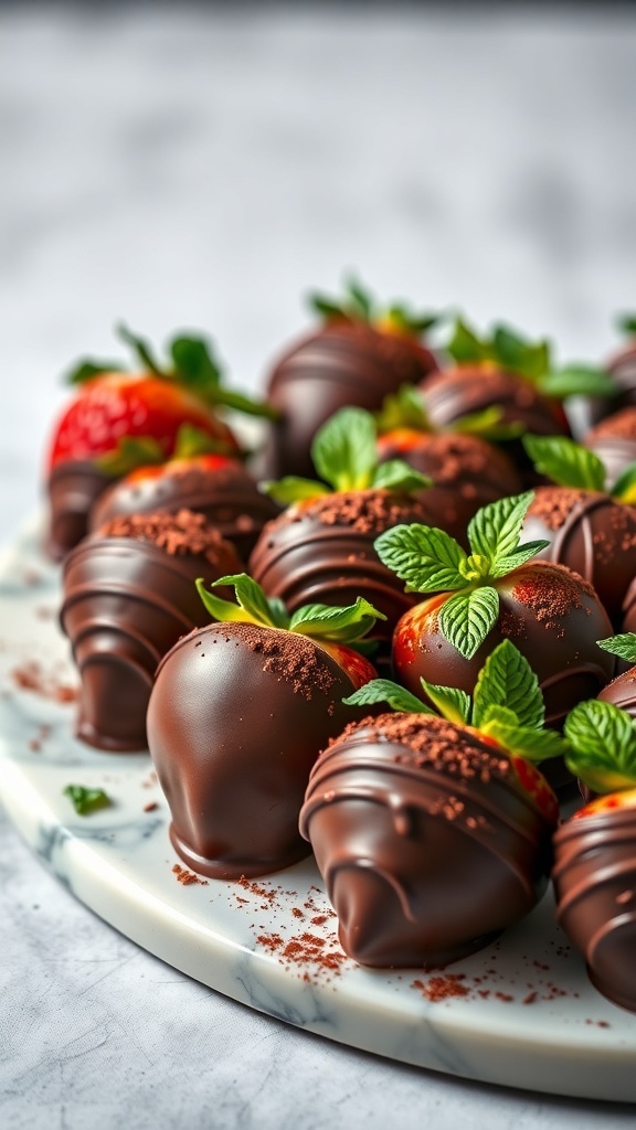 A plate of rich dark chocolate covered strawberries garnished with mint leaves.
