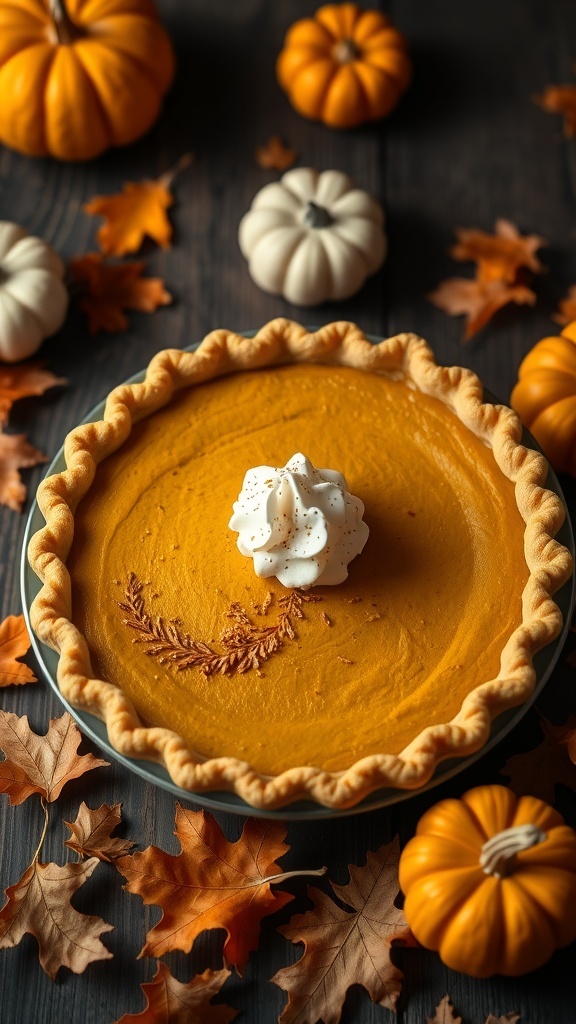 A rich keto pumpkin pie topped with whipped cream, surrounded by mini pumpkins and autumn leaves.