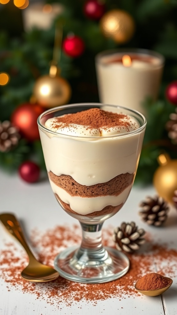A glass of rich keto tiramisu topped with cocoa powder, surrounded by festive decorations.