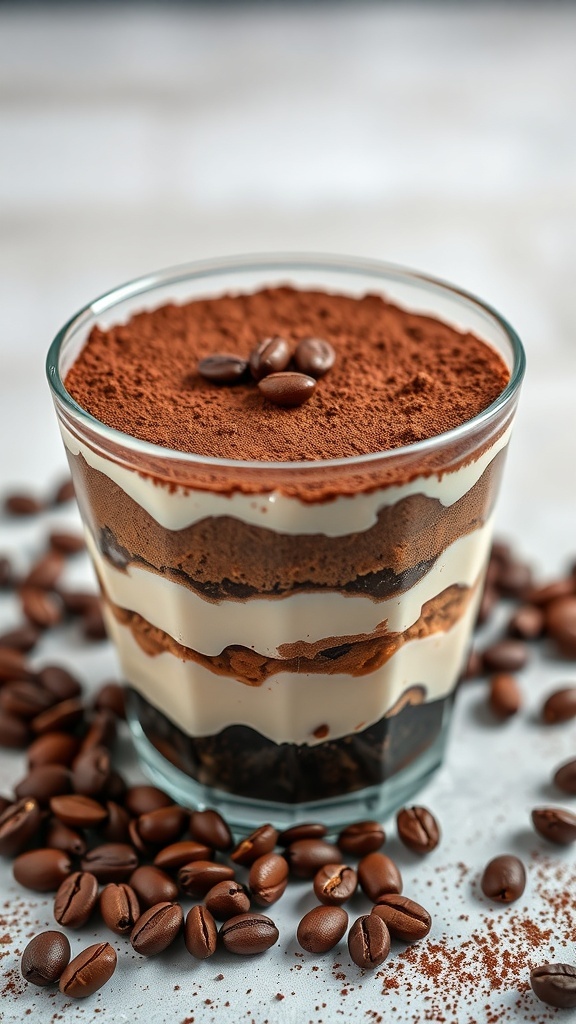 A glass of rich keto tiramisu layered with coffee and mascarpone, topped with cocoa powder and coffee beans.