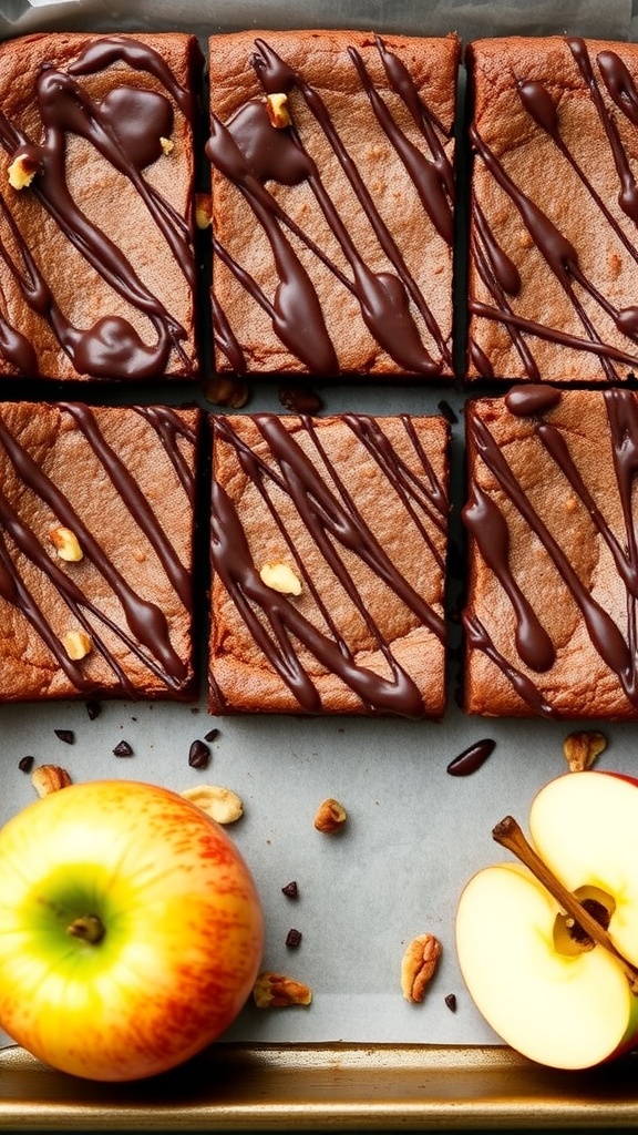 Rich low-carb apple brownies drizzled with chocolate, with fresh apples beside them.