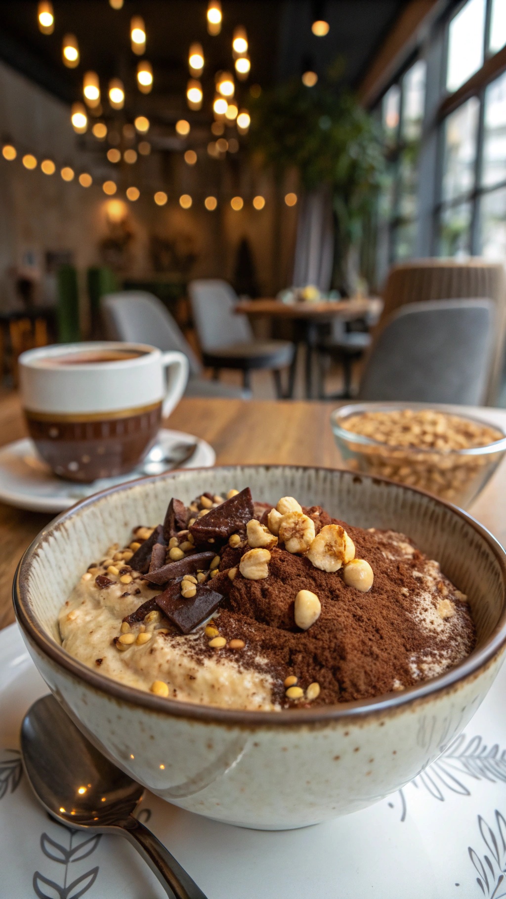 A bowl of rich mocha hazelnut overnight oats topped with chocolate and nuts, next to a cup of coffee.