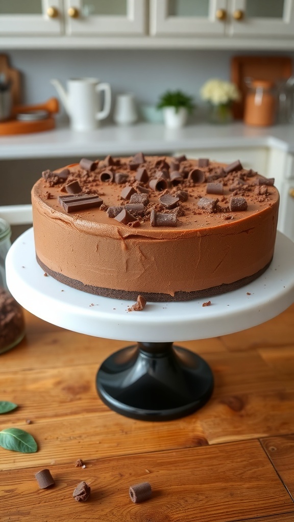 A rich no-bake chocolate mousse cake on a glass cake stand, topped with chocolate shavings, set against a cozy kitchen background.