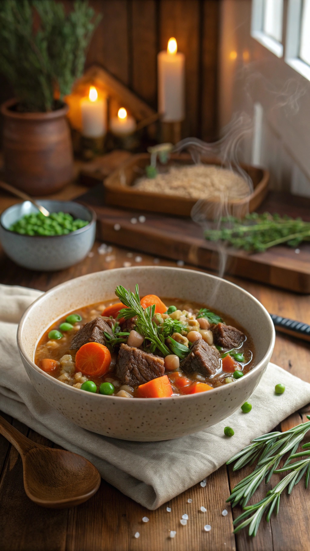 A steaming bowl of beef and barley stew with vegetables, set in a cozy rustic environment.
