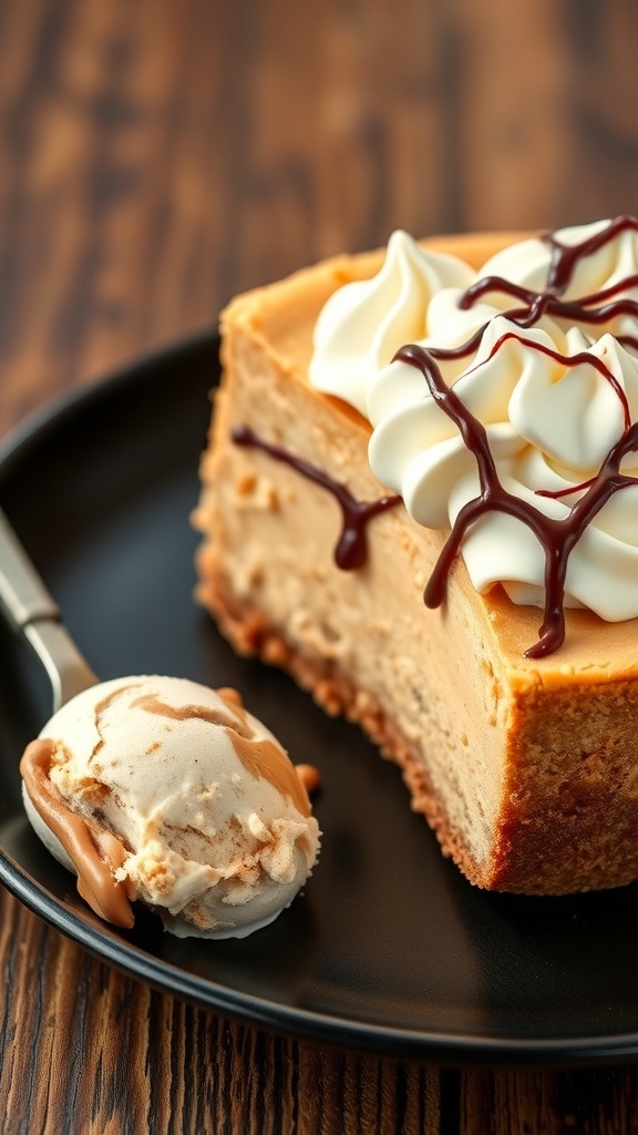 A slice of rich peanut butter cheesecake topped with whipped cream and chocolate syrup, served with a scoop of ice cream on a black plate.