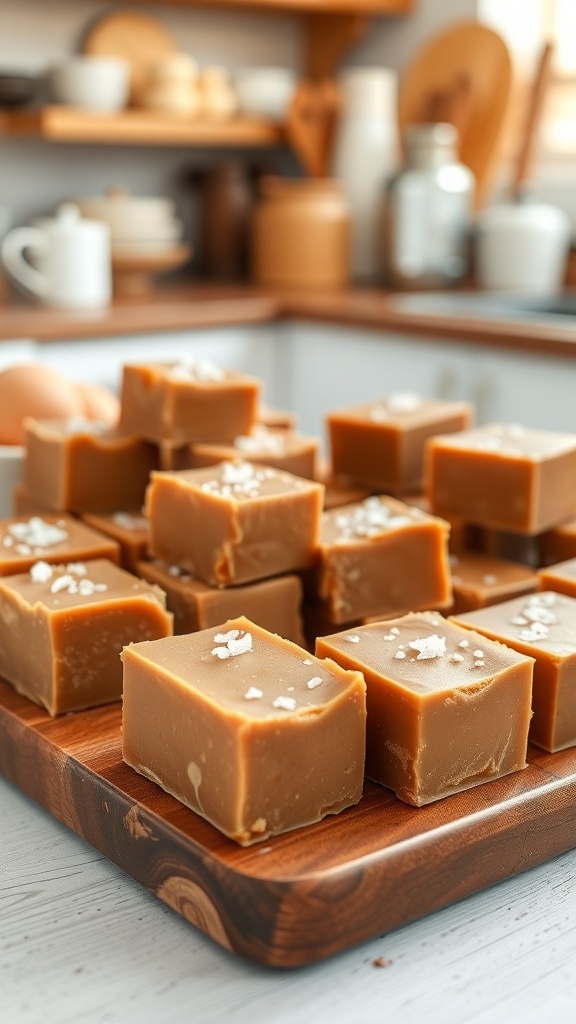 A wooden platter with rich peanut butter fudge squares, topped with a sprinkle of salt, set in a cozy kitchen.