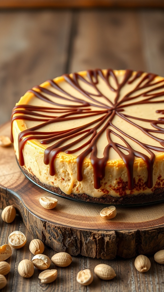 Rich peanut butter keto cheesecake with chocolate drizzle on a wooden board, surrounded by peanuts.