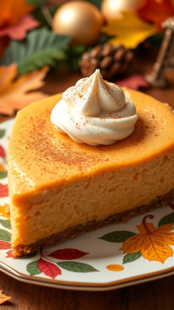 A rich pumpkin spice cheesecake topped with whipped cream, surrounded by autumn leaves and festive decorations.