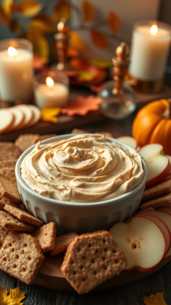 A bowl of pumpkin spice fluff dip surrounded by graham crackers and apple slices, with candles and autumn leaves in the background.
