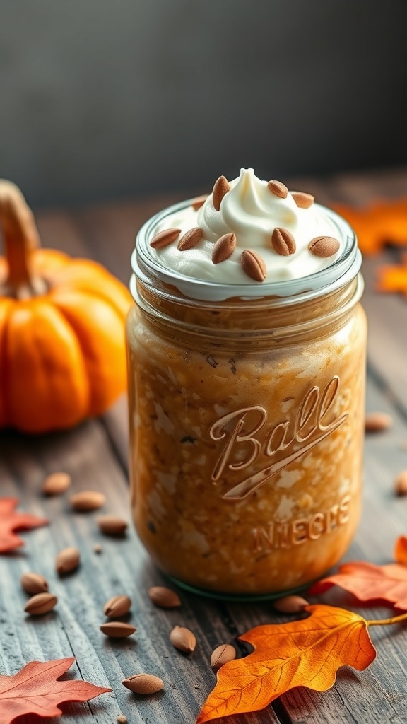 A jar of pumpkin spice overnight oats topped with whipped cream and pumpkin seeds, surrounded by autumn leaves and a small pumpkin.