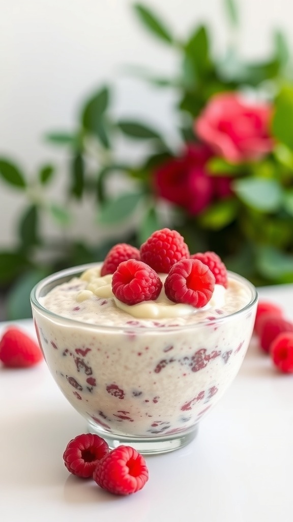 A bowl of raspberry cheesecake overnight oats topped with fresh raspberries.