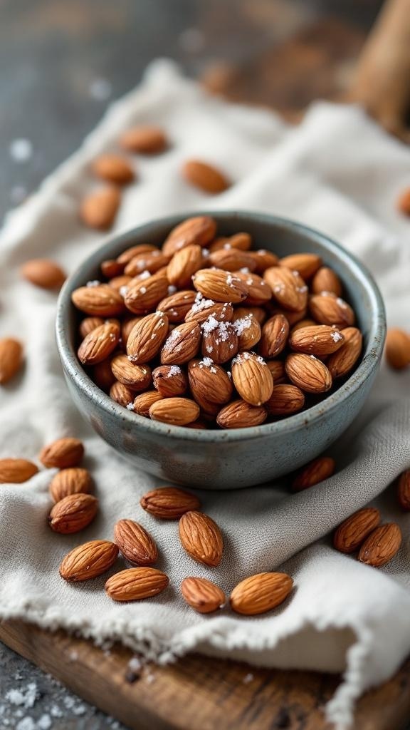 A bowl of roasted almonds with sea salt on a wooden surface