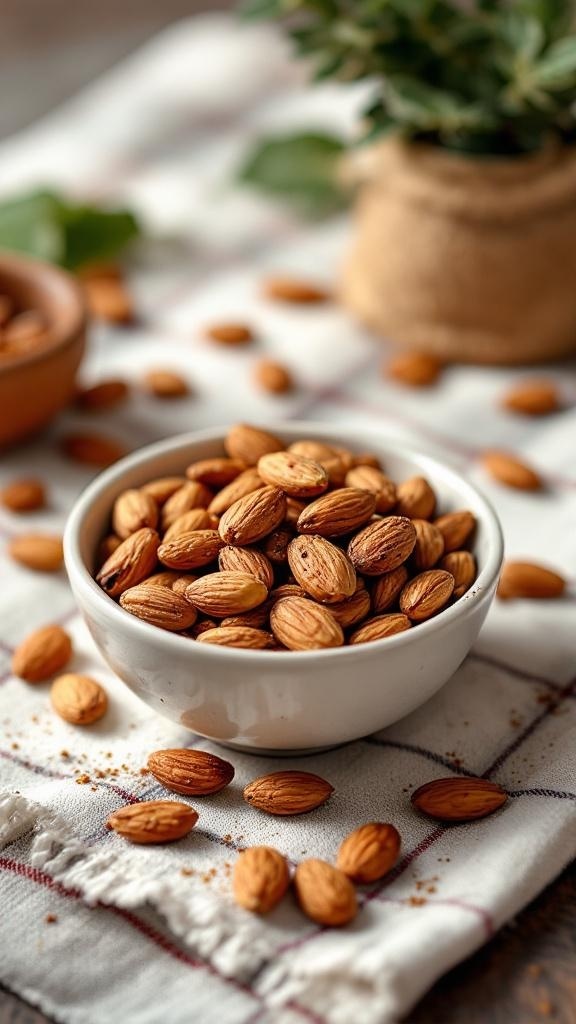 A bowl of roasted almonds with spices on a cloth, surrounded by scattered almonds and a small plant.