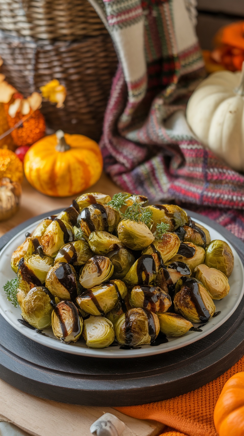 A plate of roasted Brussels sprouts drizzled with balsamic glaze, surrounded by autumn decorations.
