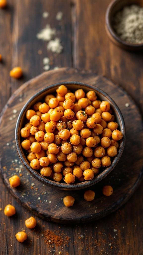 A bowl of roasted chickpeas on a wooden surface, surrounded by spices.