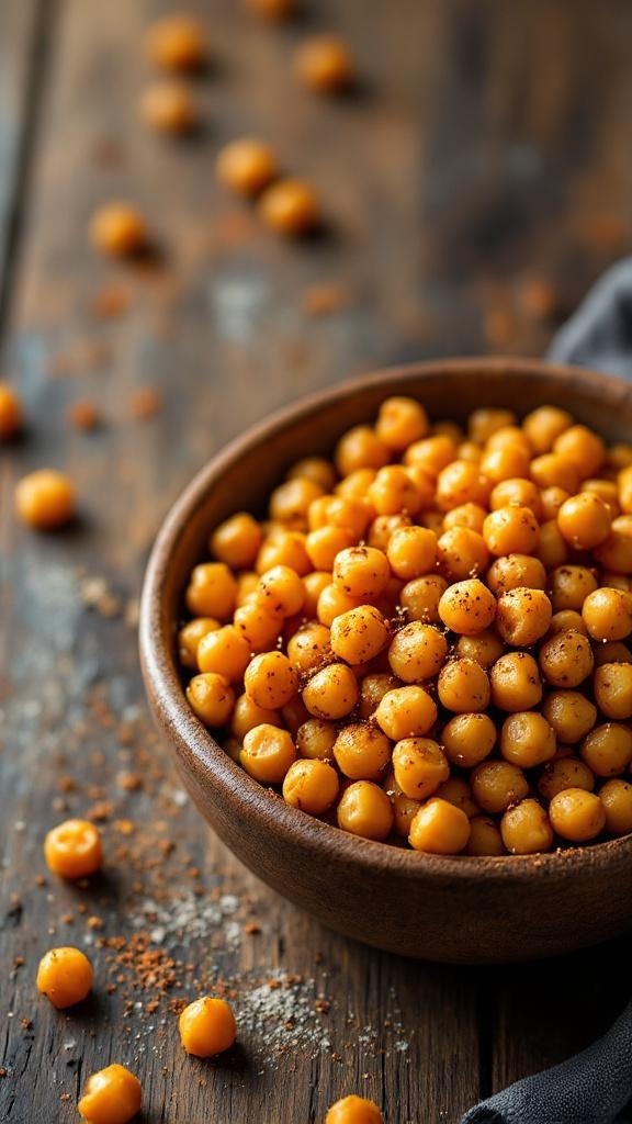 A wooden bowl filled with roasted chickpeas, sprinkled with spices, on a rustic wooden table.