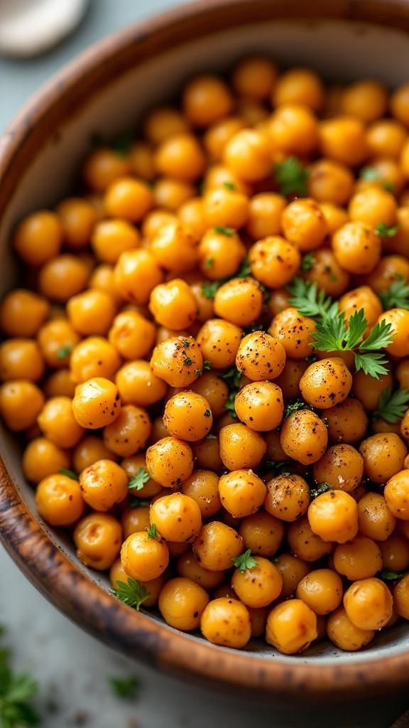 A bowl of roasted chickpeas garnished with herbs and spices