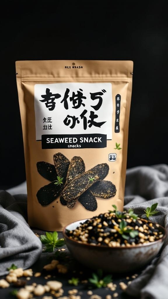 A package of roasted seaweed snacks on a dark background with scattered seeds.