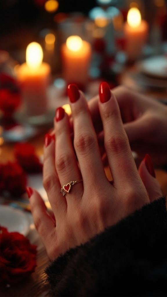 A close-up of a hand with red nails and a heart ring, surrounded by candles and roses, creating a romantic atmosphere.