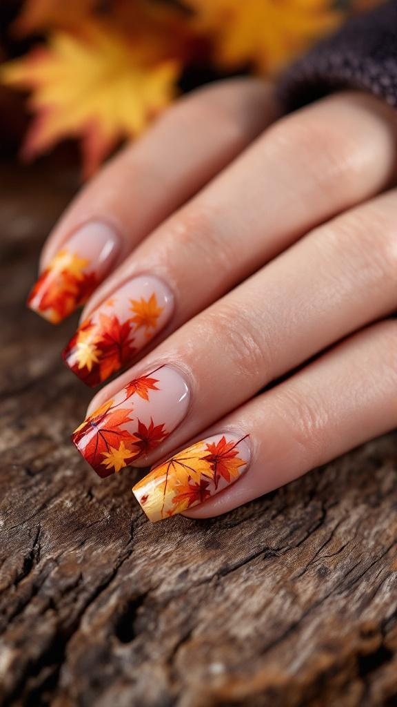 Rustic ombre leaves design with autumn colors on a wooden background