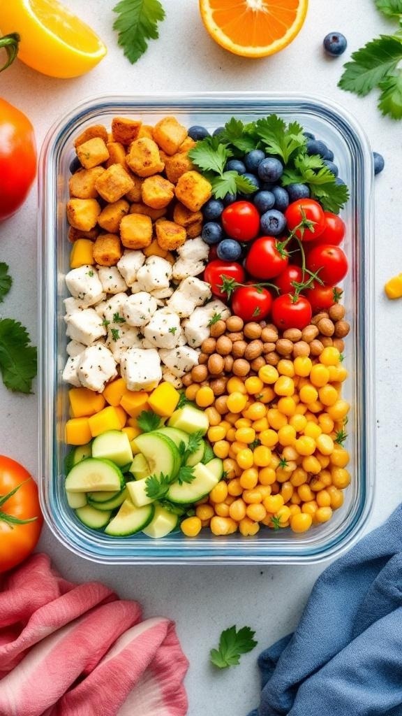 A colorful meal prep container filled with crispy tofu, blueberries, cherry tomatoes, diced zucchini, mango, corn, and chickpeas.