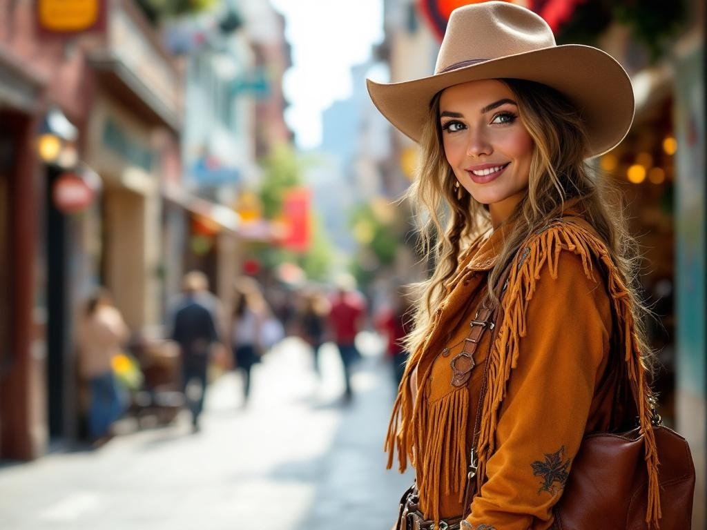 A smiling woman in a fringed cowgirl jacket and hat, standing in a lively street.