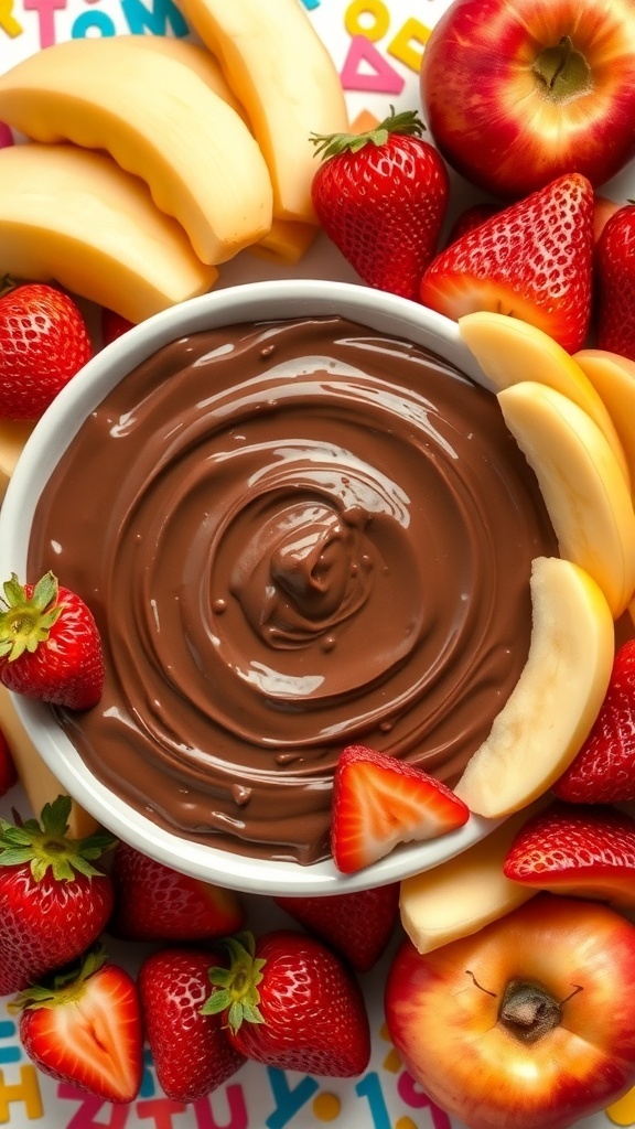 A bowl of chocolate dip surrounded by fresh strawberries, banana slices, and apple slices on a colorful background.