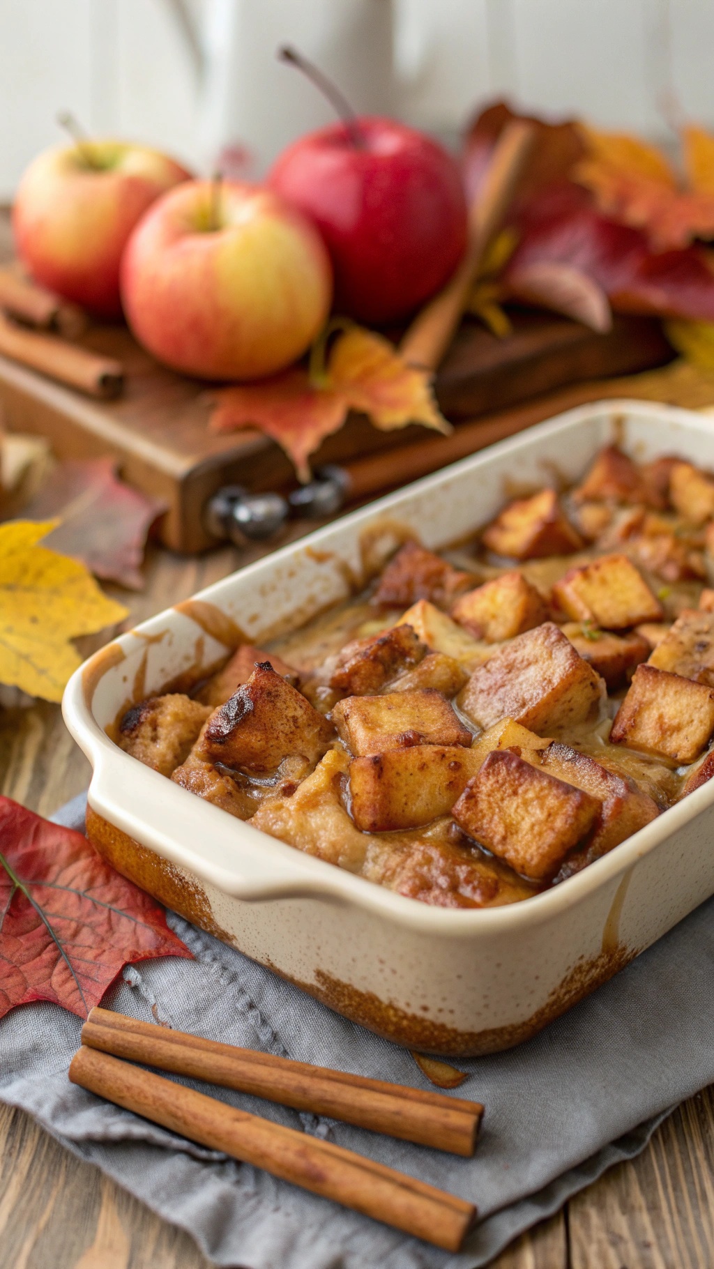 A delicious apple cinnamon French toast casserole baked to perfection, surrounded by fresh apples and autumn leaves.