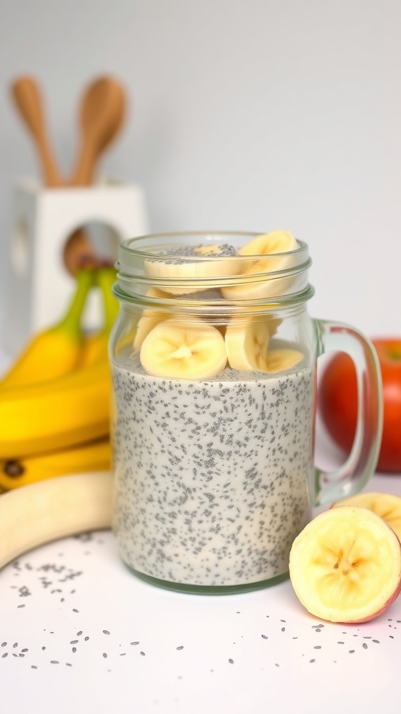 Chia seed banana pudding in a jar with banana slices on top, surrounded by fresh bananas and chia seeds.