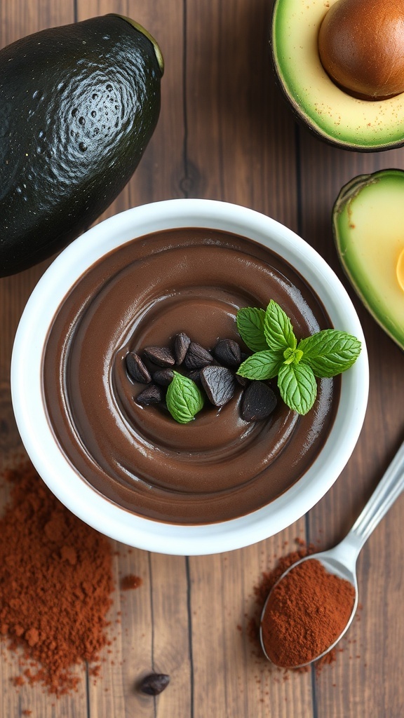 A bowl of chocolate avocado pudding garnished with mint leaves and chocolate chips, surrounded by avocados and cocoa powder.