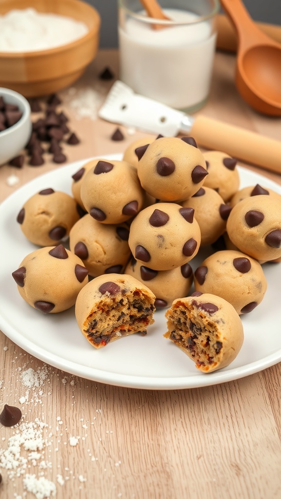A plate of chocolate chip cookie dough bites with chocolate chips on top, surrounded by baking ingredients.