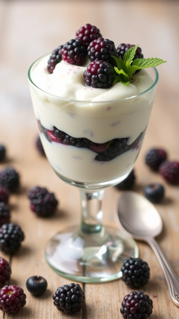 A glass of blackberry fool dessert topped with fresh blackberries and mint leaves, surrounded by more blackberries on a wooden table.