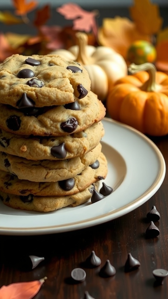 A stack of healthy chocolate chip cookies surrounded by autumn leaves and pumpkins.
