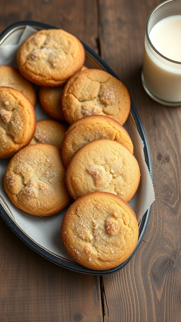 A plate of freshly baked keto snickerdoodle cookies with a glass of milk