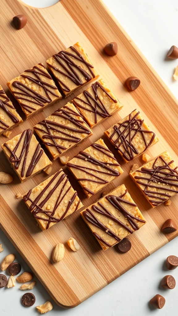 Peanut butter chocolate bars arranged on a wooden board with chocolate drizzle.