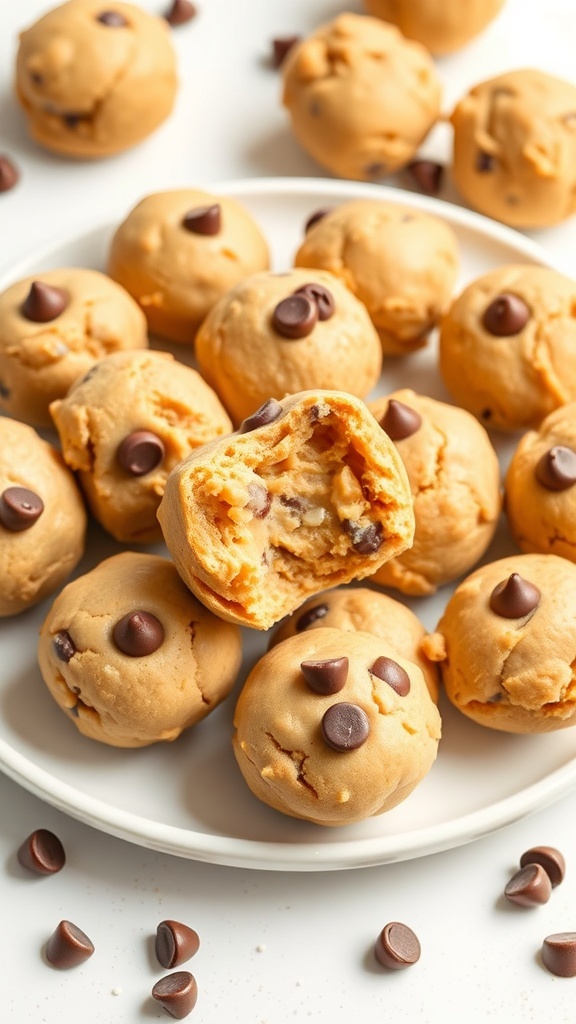 A plate of peanut butter cookie dough bites with chocolate chips, some bites are partially eaten.