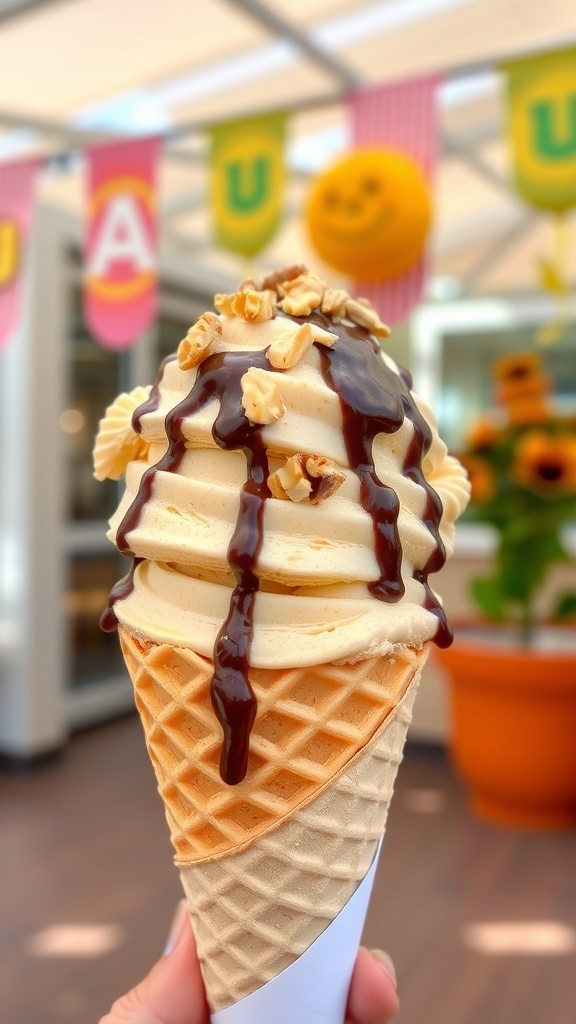 A delicious cone of peanut butter ice cream topped with nuts and chocolate sauce.