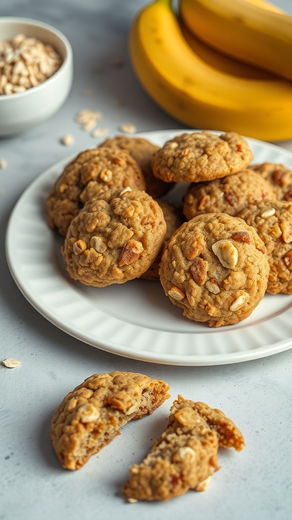 A plate of banana oat cookies with ripe bananas and a bowl of oats in the background.