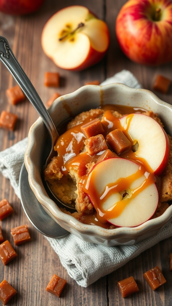 A bowl of caramel apple bread pudding topped with apple slices and caramel sauce, with fresh apples and caramel squares in the background.